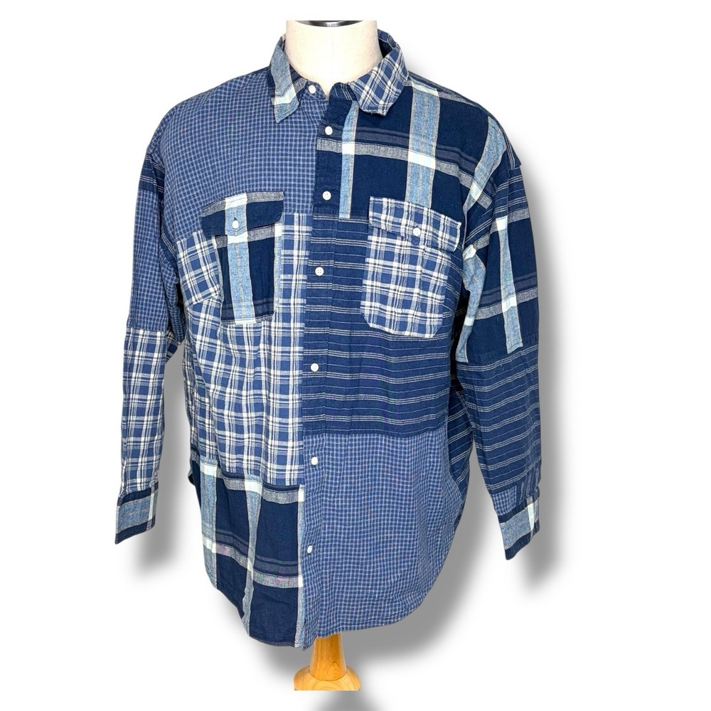 Lauren Ralph Lauren Patchwork Button Down Shirt Blue Cotton Linen Women 2X NEW